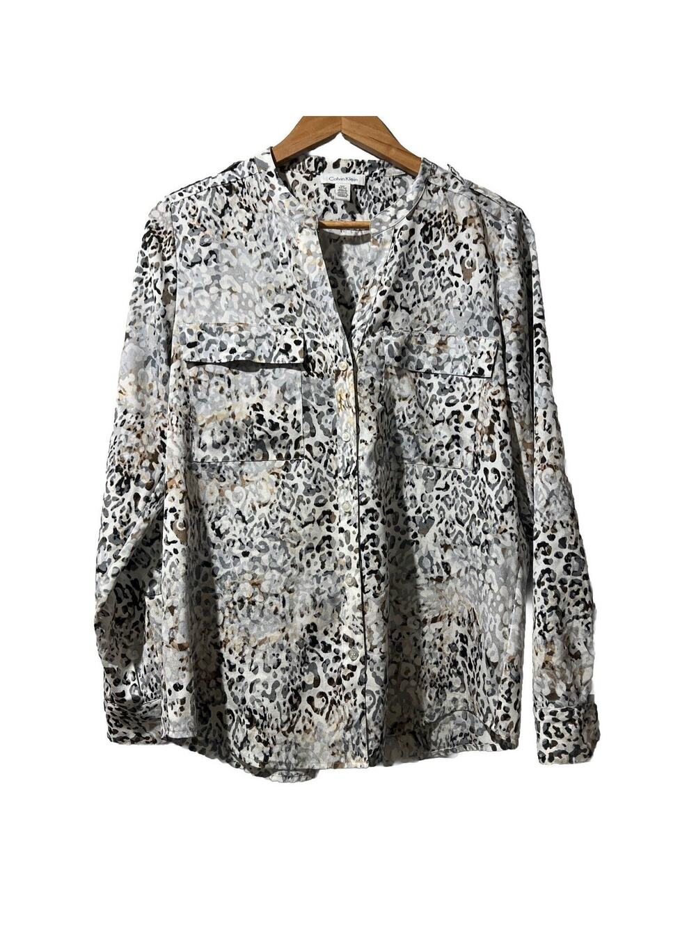 Calvin Klein Women’s Medium Gray Black Animal Leopard Print Button Blouse Long